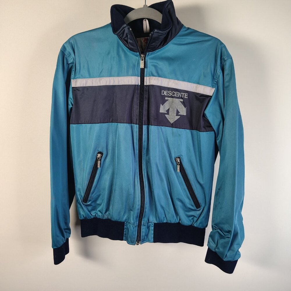 VINTAGE 90s Descente Bomer Jacket Size Small Turquoise Navy Nylon‎ Softshell